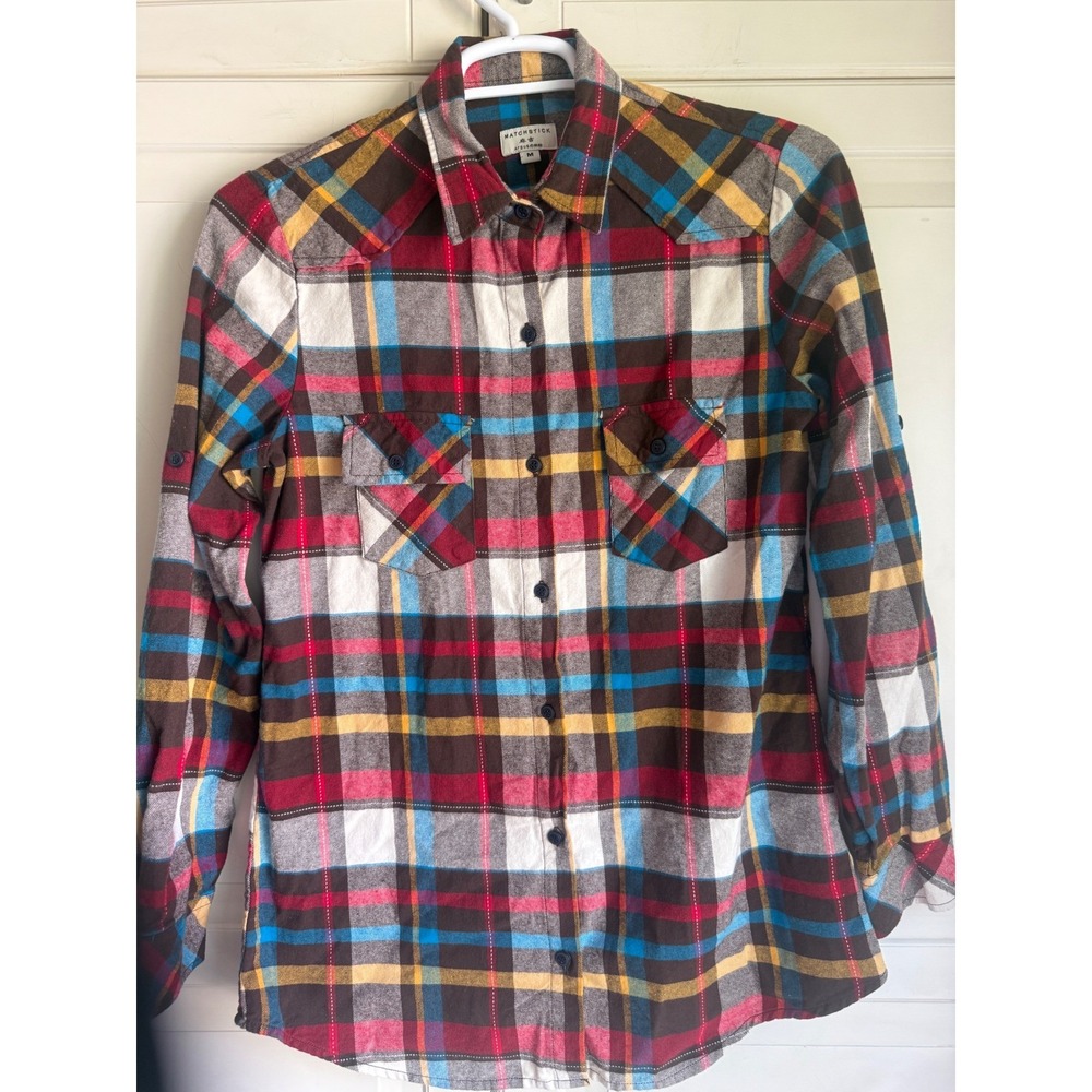 Matchstick Womens Plaid Flannel Button Down Shirt Cotton Multi-Color Size Medium